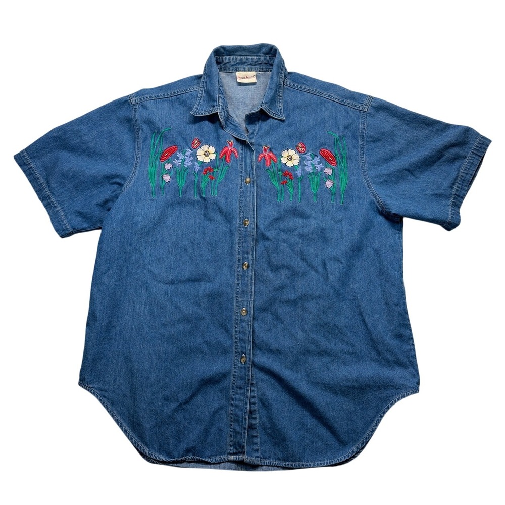 Vintage Bobbie Brooks Denim Shirt Womens 2XL Floral Embroidered Butterfly